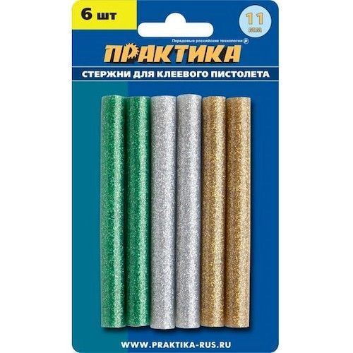Стержни клеевые d11х100мм 3 цвета с блестками (6шт) Практика