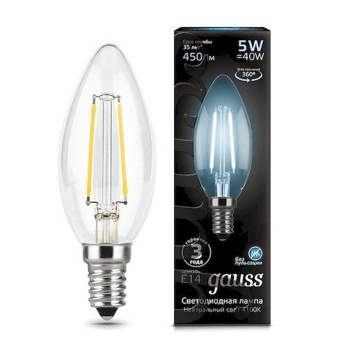 Лампа светодиодная Е14 свеча 5Вт 4100К Gauss Filament