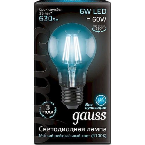 Лампа светодиодная Е27 A60  6Вт 4100К Gauss Filament