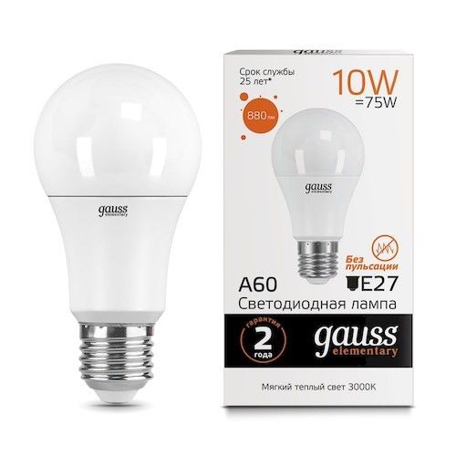 Лампа светодиодная Е27 A60 10Вт 2700К/3000К Gauss Elementary