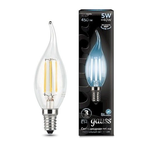 Лампа светодиодная Е14 свеча на ветру 5Вт 4100К Gauss Filament