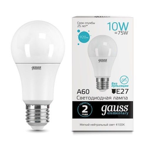 Лампа светодиодная Е27 A60 10Вт 4100К Gauss Elementary