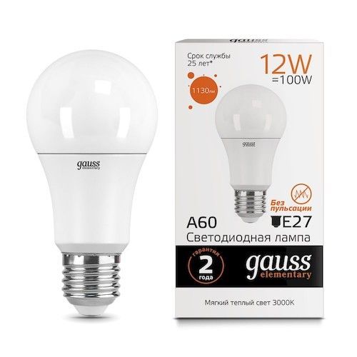 Лампа светодиодная Е27 A60 12Вт 2700К Gauss Elementary