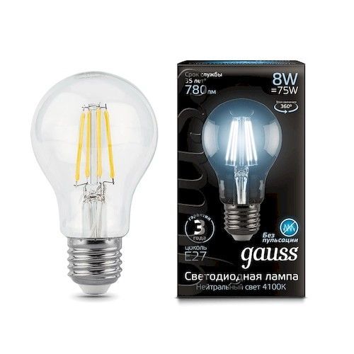 Лампа светодиодная Е27 A60  8Вт 4100К Gauss Filament