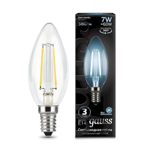 Лампа светодиодная Е14 свеча 7Вт 4100К Gauss Filament
