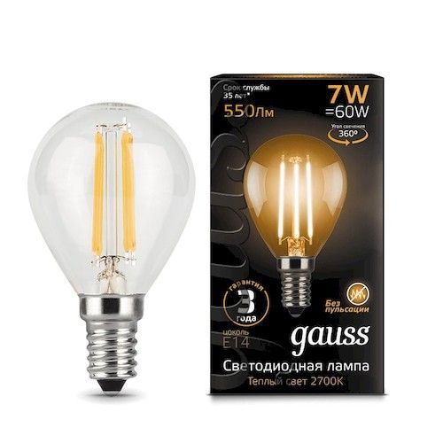 Лампа светодиодная Е14 шар  7Вт 2700К Gauss Filament