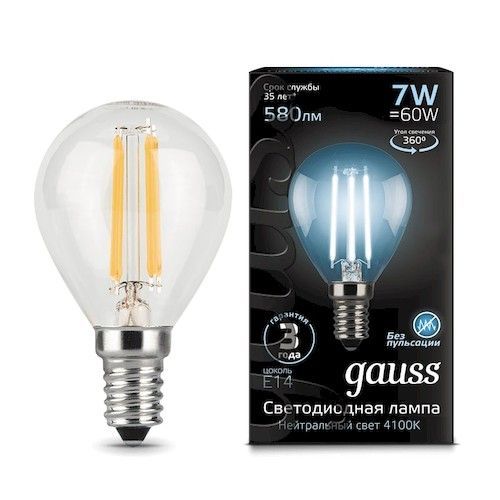Лампа светодиодная Е14 шар  7Вт 4100К Gauss Filament