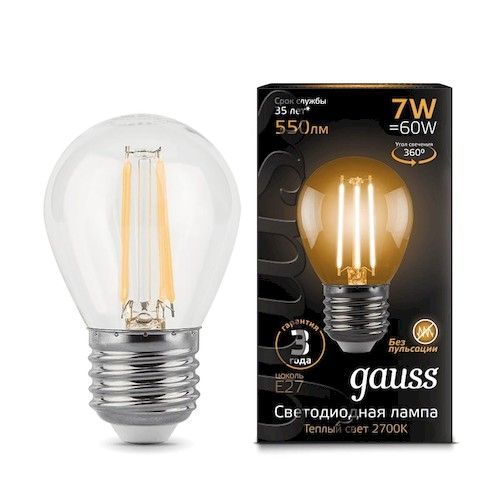 Лампа светодиодная Е27 шар  7Вт 2700К Gauss Filament