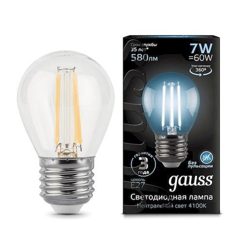 Лампа светодиодная Е27 шар  7Вт 4100К Gauss Filament