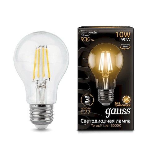 Лампа светодиодная Е27 A60 10Вт 2700К Gauss Filament