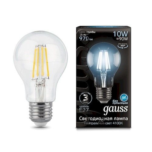 Лампа светодиодная Е27 A60 10Вт 4100К Gauss Filament