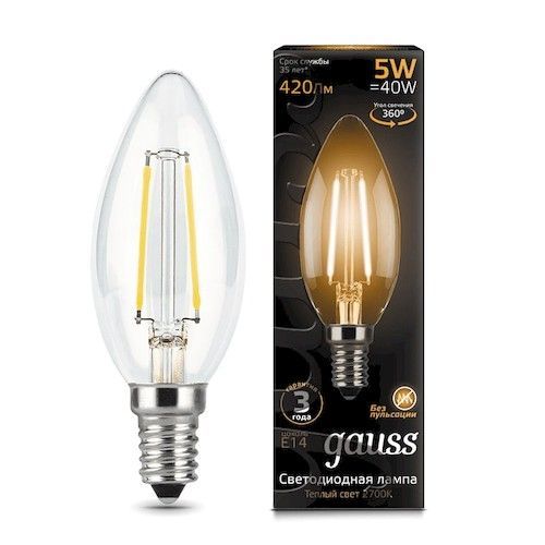 Лампа светодиодная Е14 свеча 5Вт 2700К Gauss Filament