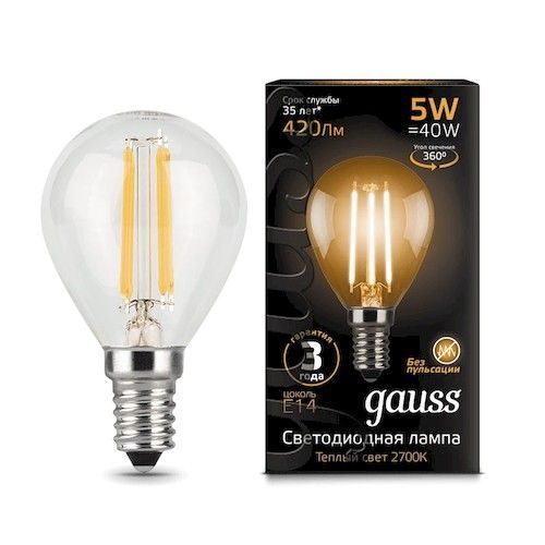 Лампа светодиодная Е14 шар  5Вт 2700К Gauss Filament