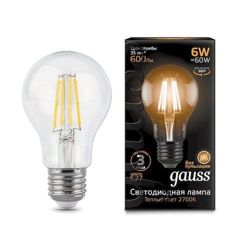 Лампа светодиодная Е27 A60  6Вт 2700К Gauss Filament