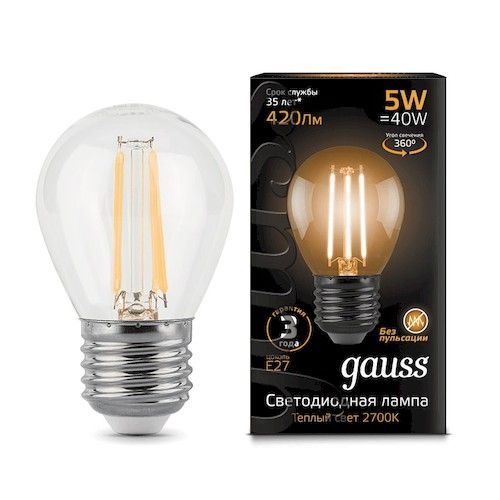 Лампа светодиодная Е27 шар  5Вт 2700К Gauss Filament