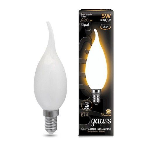 Лампа светодиодная Е14 свеча на ветру 5Вт 2700К Gauss Filament OPAL