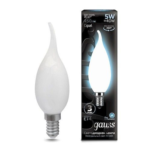Лампа светодиодная Е14 свеча на ветру 5Вт 4100К Gauss Filament OPAL