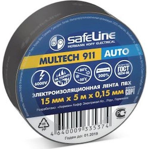 Изолента ПВХ 15мм х 5м черная Safeline Auto
