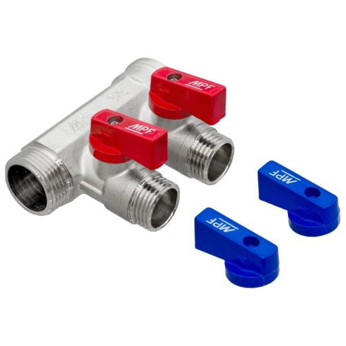 Коллектор с отсекающими кранами лат. 2 выхода х3/4"х1/2" НР MPF
