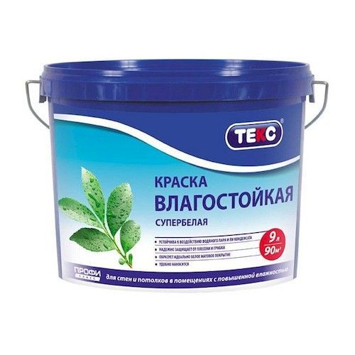 Краска водно-дисперсионная интерьерная влагостойкая белый база А 9л Профи ТЕКС