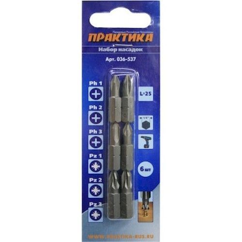 Набор бит 1/4"- 25мм PH1,2,3-PZ1,2,3х25мм (6шт) Практика Профи